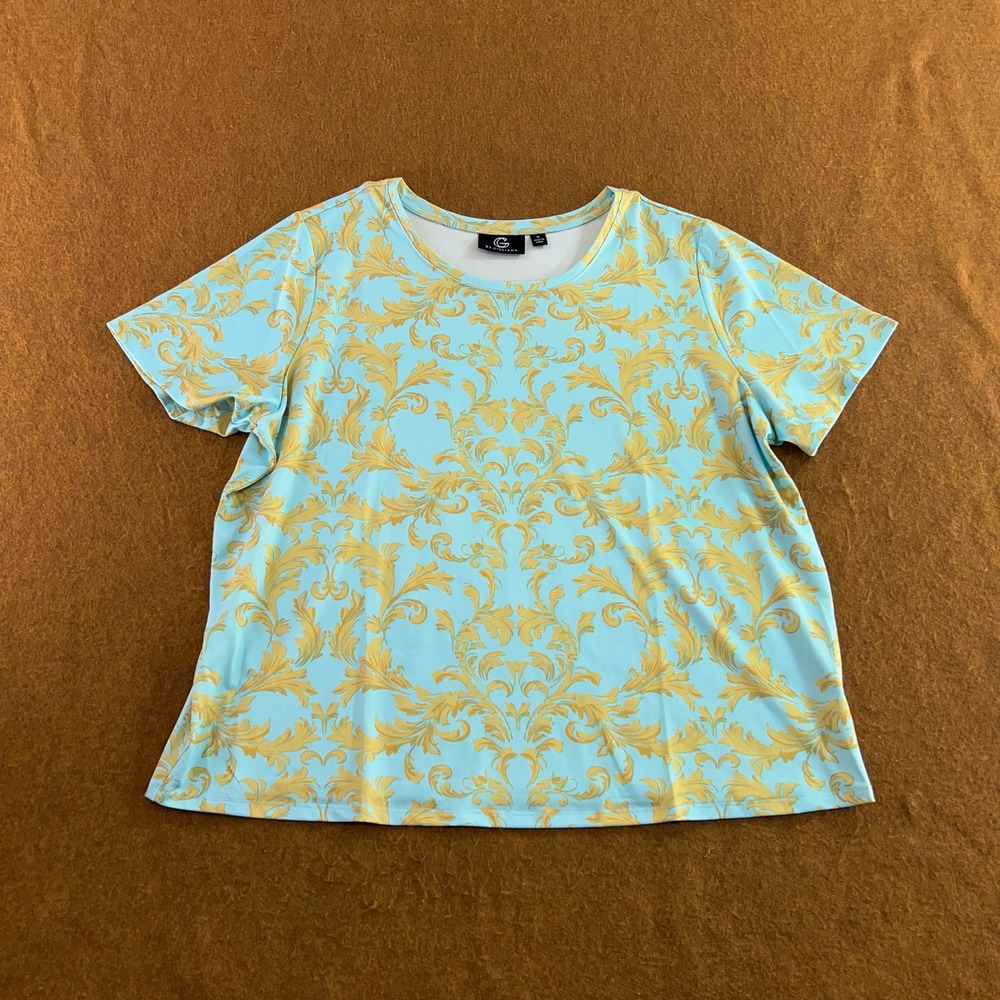 G by Giuliana Womens 1X Blue Gold Baroque Scroll Short Sleeve Top New